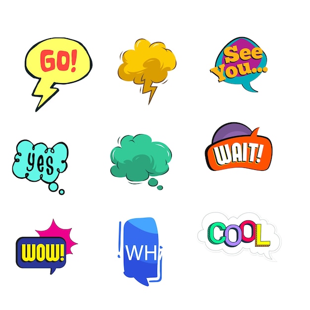 Colorful speech bubbles with various greetings including Hello and Hi in different shapes and