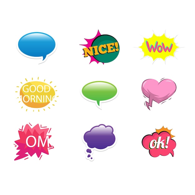 Colorful speech bubbles with various greetings including Hello and Hi in different shapes and