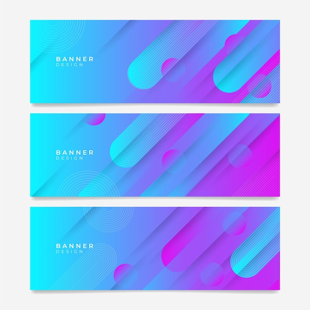 Colorful web banner with wave and geometric shapes. Collection of horizontal promotion banners with gradient colors and abstract geometric backdrop. Header design. Vibrant vivid color coupon template.