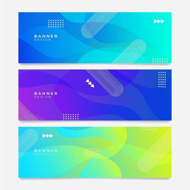 Colorful web banner with wave and geometric shapes. Collection of horizontal promotion banners with gradient colors and abstract geometric backdrop. Header design. Vibrant vivid color coupon template.