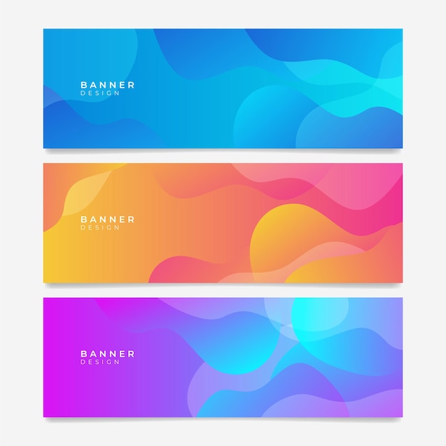 Colorful web banner with wave shapes. Collection of horizontal promotion banners with gradient colors and abstract geometric backdrop. Header design. Vibrant coupon template.