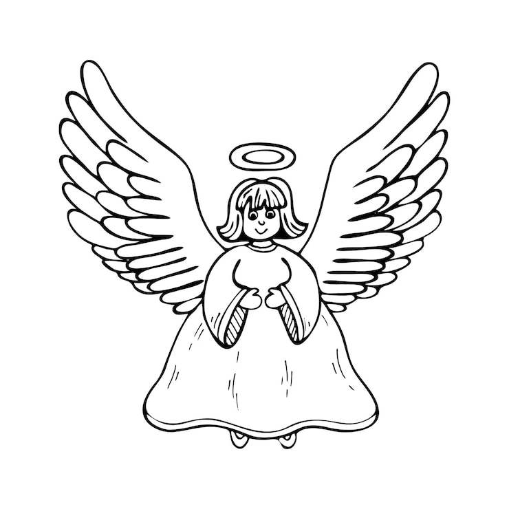 Vektor coloring book christmas angel spread wings cute cartoon character hand drawn line art black white illustration coloring page for kids and adults