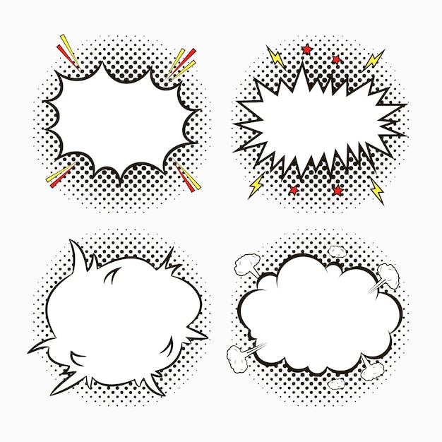 Comic speech bubbles on dots halftone background with stars and lightnings