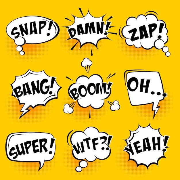 comic speech bubbles with halftone shadows and text on yellow background hand drawn retro cartoon