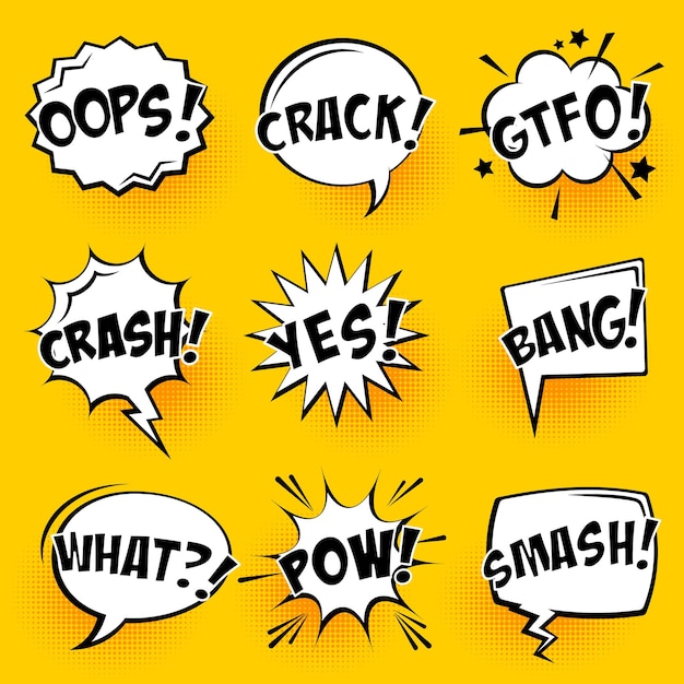 Comic speech bubbles with halftone shadows and text on yellow background hand drawn retro cartoon
