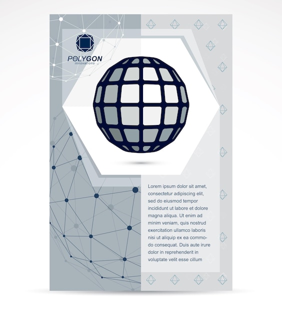 Communication technologies business corporative flyer template. Graphic vector illustration. Abstract 3d polygonal grayscale wireframe object, geometric low poly design element