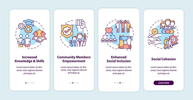 Community development benefits onboarding mobile app page screen with concepts.