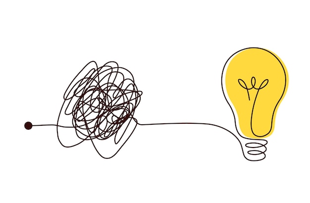 complex scribble lines knot simplified into light bulb. complex problem solving, making difficult decision or finding new business idea concept. chaos turning into simple solution.