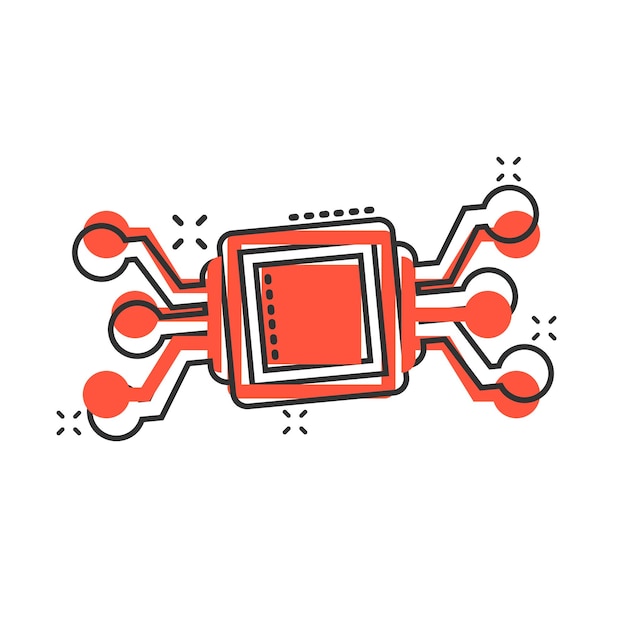 computer chip icon in comic style circuit board cartoon vector illustration on white isolated background cpu processor splash effect business concept