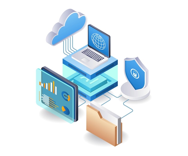 Computer data security cloud server artificial intelligence concept flat isometric 3d illustration