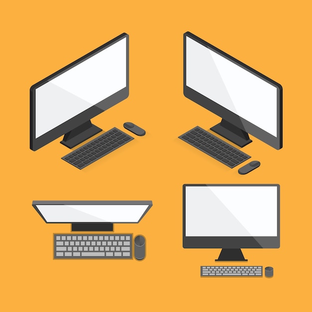 Computer desktop isometric front adn top view flat design