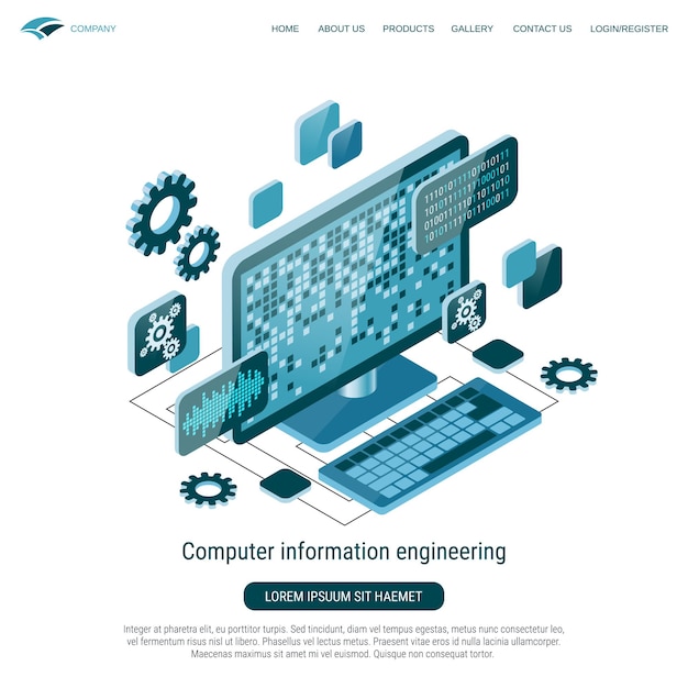 Computer information engineering flat 3d isometric vector concept illustration