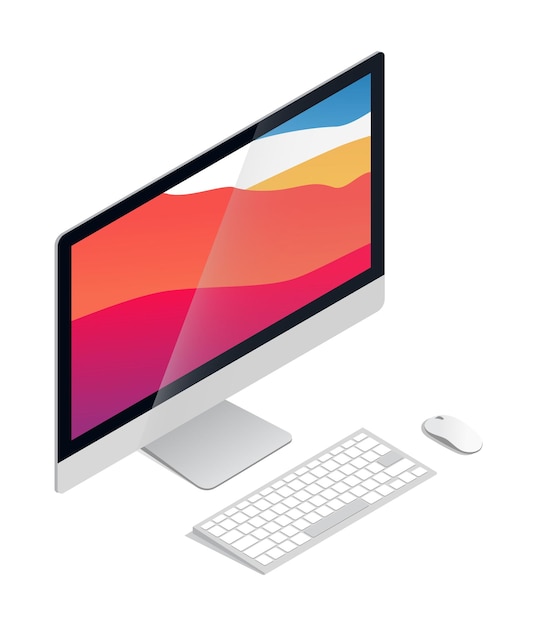 Computer, keyboard, monitor and mouse. Isometric vector. Mockup.