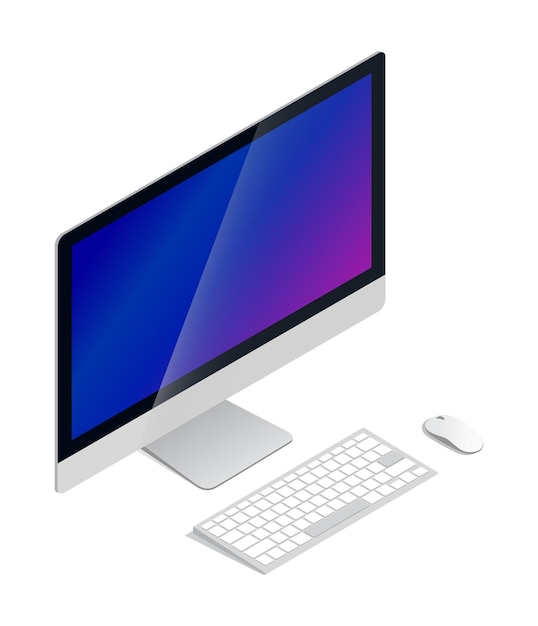 Computer, keyboard, monitor and mouse. Isometric vector. Mockup.