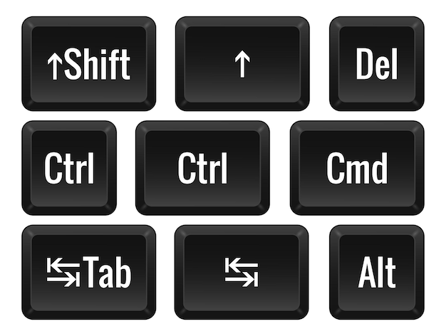 Computer keys Shift arrow up del ctrl control cmd command tab tabulation alt Hotkeys combination macro shortcut input enter type layout computer laptop Vector illustration
