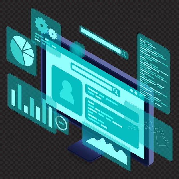 Computer monitor with blue virtual holographic projections with graphs and charts for data analysis Analytics data on monitor Web development concept Isometric technology