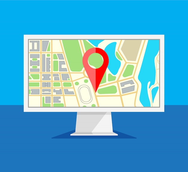 computer monitor with map navigation on a screen. gps navigator with red pinpoint. computer screen display isolated on blue background. illustration in a trendy flat style.