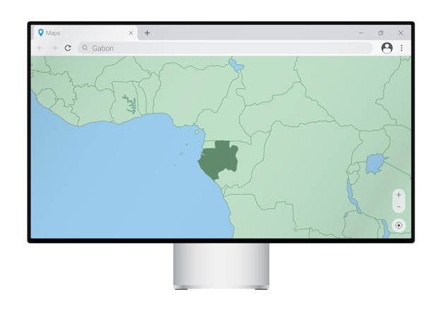 computer monitor with map of gabon in browser, search for the country of gabon on the web mapping program.