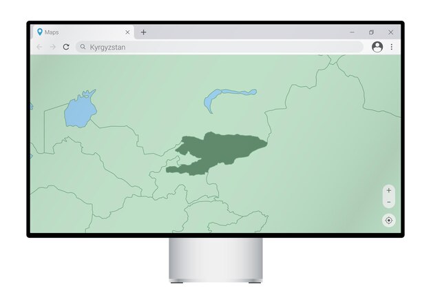 Computer monitor with map of Kyrgyzstan in browser, search for the country of Kyrgyzstan on the web mapping program.