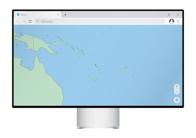 computer monitor with map of vanuatu in browser search for the country of vanuatu on the web mapping program