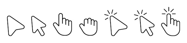 Computer mouse click cursor black arrow stroke outline line set and loading icons for interface Cursor icon Mouse click cursor arrow click sign Web interface pointer collection Hand with finger