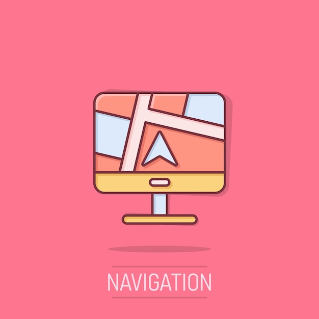 computer navigation icon in comic style monitor pin gps cartoon vector illustration on isolated background city area location splash effect business concept