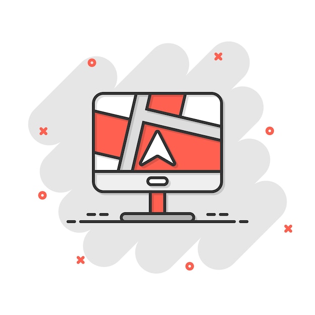 computer navigation icon in comic style monitor pin gps cartoon vector illustration on white isolated background city area location splash effect business concept