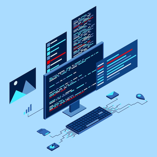 Computer technology isometric illustration Desktop computer platforms Software programming coding concept Code with computer monitor Isometric technology