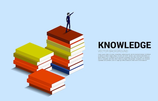 concept background for power of knowledge silhouette of businessman standing and point ahead on stack of books