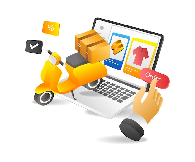 Concept flat isometric 3d illustration motorcycle delivery goods coming out of laptop