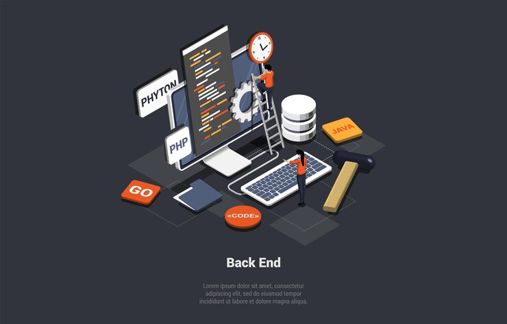 Concept Of Back End Development Coding Software Engineering Programming Server Racks in the Big Cloud Database Characters Program Code on Laptop Screen Isometric 3d Cartoon Vector Illustration