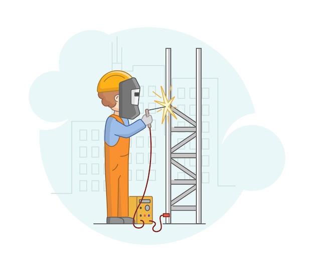concept of construction. professional worker man in protective uniform and mask welding metalworks with welding machine. construction worker at work.