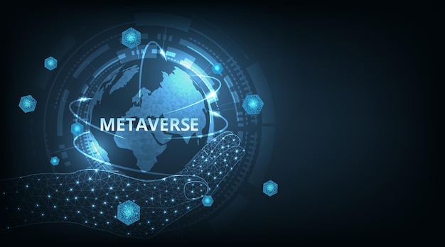 concept of metaverse technology with blockchain network connecting on dark blue background
