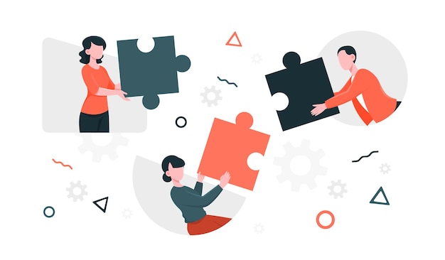 Concept of teamwork men and girl with puzzles company development employees and colleagues work on