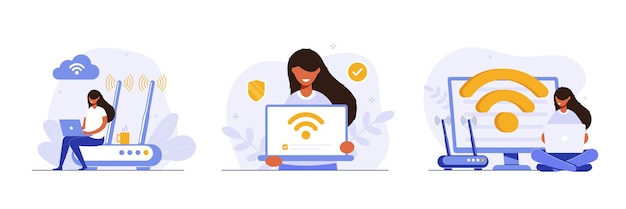 Concept set mobile network wireless Internet Woman holding wifi device with wifi symbol on screen