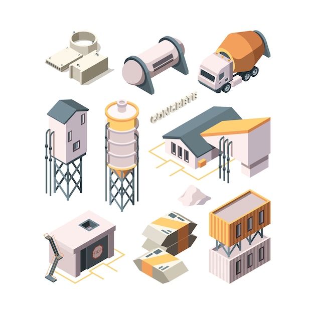 Concrete production. Cement factory industry material technology concrete mixer transport tanks vector isometric. Industry cement building, production concrete