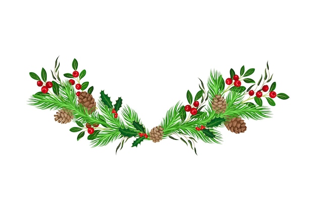 coniferous branches arranged with cranberry twigs and fir cones semicircular vector illustration