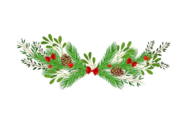 coniferous branches arranged with mistletoe berry twigs and fir cones semicircular vector illustration
