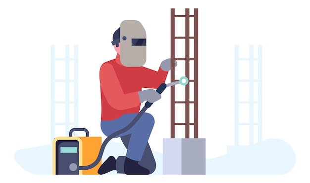 construction process builder works with weld equipment repairman welding metal armature man in helmet mask industrial worker professional welder repair occupation vector concept