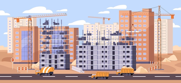 Construction site area with cranes trucks Process of building high rise house multistory real estate multi storey residential apartments Incomplete new block of flats Flat vector illustration