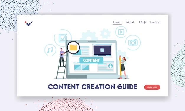 content creation guide landing page template. characters at huge laptop creating smm media blog or digital marketing. vloggers, writers or copywriters writing text. cartoon people vector illustration