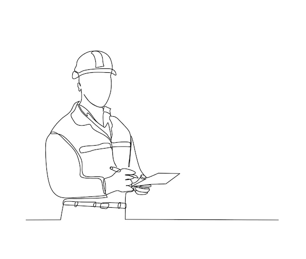 continuous line drawing of construction worker with blue print paper single line art of architect hold design paper of building