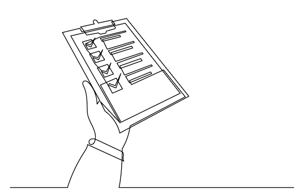 continuous line drawing of hands holding a clipboard with the checklistto do a list with ticks