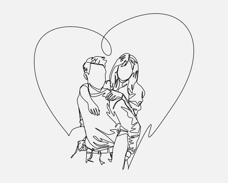 Vektor continuous line drawing of two lovers man carrying woman with heart sign around her editable vector