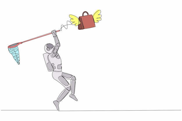 Continuous one line draw young astronaut try to catch flying shopping bag with a butterfly net