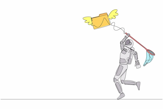 Continuous one line drawing astronaut tries to catch flying folder with butterfly net illustration