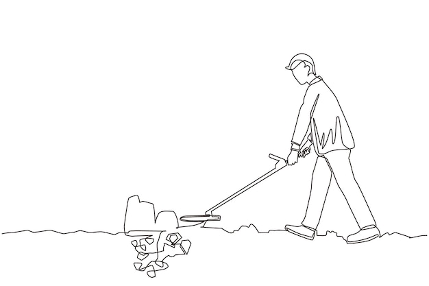 Continuous one line drawing businessman with metal detector looking for pile of diamonds vector