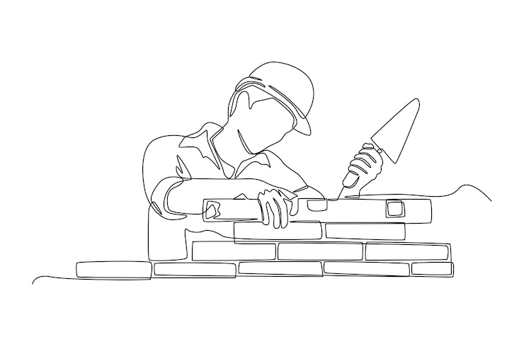 Vektor continuous one line drawing construction worker lay clay bricks to form building walls at the construction site construction and building concept single line draw design vector graphic illustration