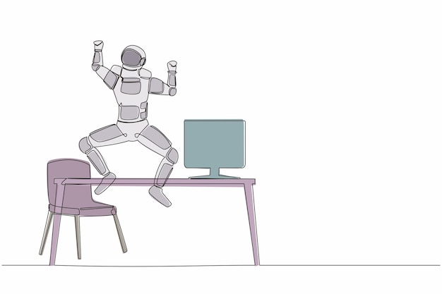 continuous one line drawing happy astronaut jumping with raised hands near desk workplace celebrate
