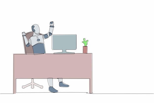 continuous one line drawing happy robot sitting on workplace with raised one hand high and raised